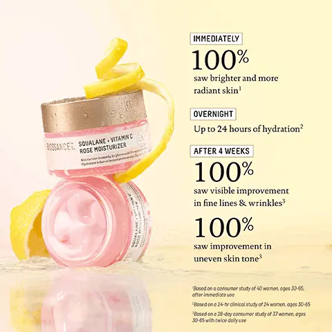 Image 1, immediately 100% saw brighter and more radiant skin, overnight up to 24 hours of hydration, after 4 weeks, saw visible improvements in fine lines and wrinkles and 100% saw improvements in uneven skin tone. Image 2, before and after 7 days unretouched photos. Image 3, bright skin routine, step 1: treat marine algae eye cream, step 2: brighten vitamin C dark spot serum, step 3: moisturise vitamin c rose moisturiser, step 4: lock in hydration vitamin c rose oil. Image 4, before and after 28 days unretouched photos. Image 5, step 1 apply moisturiser, step 2, apply oil for maximum benefits and to seal in hydration and results: brighter and visibly firmer skin