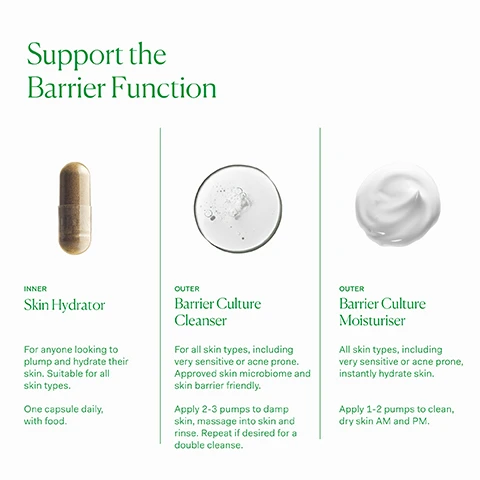 Image 1, support the barrier function. inner skin hydrator - for anyone looking to plump and hydrate their skin. suitable for all skin types. once capsule daily with food. outer barrier culture cleanser - for all skin types, including very sensitive or acne prone. approved skin microbiome and skin barrier friendly. apply 2-3 pumps to damp skin, massage into skin and rinse. repeat if desired for a double cleanse. outer barrier culture moisturiser - all skin types, including very sensitive or acne prone, instantly hydrate skin. apply 1-2 pumps to clean, dry skin AM and PM. image 2, within 24 hours - clinical trials show that skin barrier function is improved within 24 hours of use. month 1-3 - skin becomes clamer and more resilient. imbalances (dryness or oiliness) are reduced, breakouts are reduced and skin looks glowing and healthy. image 3, old packaging vs new packaging. as our new packaging phases in sustainably, you may receive either out old or new jar and box. inside the jar it's the same formula you know and love. image 4, full list of ingredients.
