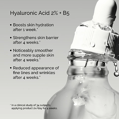 Image 1, hyaluronic acid 2% plus B5, boosts skin hydration after 1 week. strengthens ski barrier after 4 weeks. noticeably smoother and more supple skin after 4 weeks. reduced appearance of fine lines and wrinkles after 4 weeks. in a clinical study of 34 subjects applying product 2 times a day for 4 weeks. Image 2, 1 prep = cleansers and toners. 2 treat = water based, eye serums, anhydrous solutions, oils. 3 seal = suspensions, moisturizers, spf.