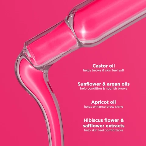 Castor oil- helps brows and skin feel soft. Sunflower and argan oils- help condition and nourish brows. Apricot oil- helps enhance brow shine. Hibiscus flower and safflower extracts- help skin feel comfortable.