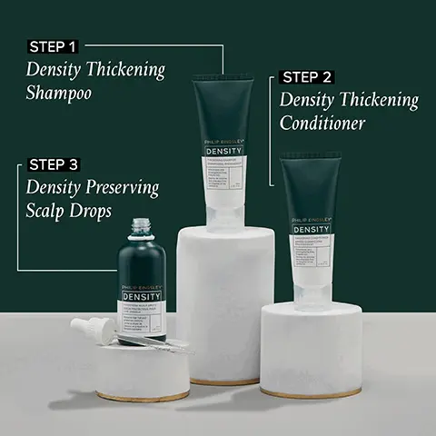 Step 1, Density Thickening Shampoo, Step 2, Density Thickening Conditioner, Step 3, Density Preserving Scalp Drops. My hair feels thick, fuller and more volumised. It's a very noticeable difference. I noticed this difference after the 1st wash. Increased hair volume by 21% after one use- User trial panel comment, independent instrumental tests of density shampoo and conditioner, compared to a standard shampoo and conditioner.