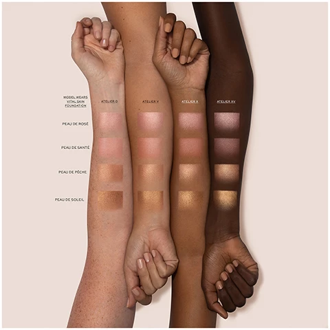 Image 1, swatches on four different skin tones. Image 2, peau de soleil = warm bronze gold. peau de peche = warm peach. peau de saiete = warm peachy rose. peau de rose = soft cool rose. super loaded tinted highlight. superloaded with hydrating, clean ingredients. Image 3, blender brush, seamless blending. super loaded tinted highlight - treatment loaded, refined radiance.