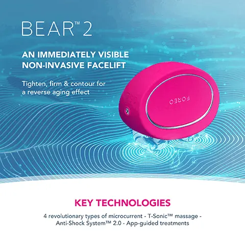 Image 1, BEAR 2 AN IMMEDIATELY VISIBLE NON-INVASIVE FACELIFT Tighten, firm & contour for a reverse aging effect Ознов KEY TECHNOLOGIES 4 revolutionary types of microcurrent - T-SonicTM massage - Anti-Shock SystemTM 2.0 - App-guided treatments Image 2, MICROCURRENT FACIAL DEVICE REDUCE WRINKLES. IMPROVE FIRMNESS. REAL RESULTS IN 1 WEEK. *Based on 30-day clinical testing on 40 female subjects, aged 25 to 55. FORE A CRUM ERUN CRUN 20- cen Image 3, CLINICAL RESULTS 95% of consumers reported younger skin & lifted cheekbones 93% of consumers reported brighter, healthier & plumper skin 93% of consumers reported less puffiness and sagging *Based on 30-day clinical testing on 40 female subjects, aged 25 to 55. Image 4, Before After Image 5, AFTER BEFORE 0000 Clinically proven to significantly improve deep wrinkles & fine lines. Clinically proven to significantly improve skin firmness & elasticity. AFTER BEFORE Image 6, BEAR 2 VS. Other Microcurrent Device MICROCURRENT POWER Up to 600 uA 10 adjustable intensities TYPES OF MICROCURRENT 4 types of microcurrent ANTI-SHOCK SYSTEMTM T-SONICTM MASSAGE NO. OF USES PER FULL CHARGE 100% WATERPROOF Up to 425 A Sadjustable intenses 1 type of microcurrent Up to 300 mins of use Up to 280 mins of use