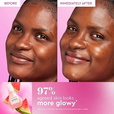 Image 2 - A split image shows a close-up of a womans face with a matte complexion on the left and a dewy, glowing complexion with hydrated lips on the right, with a pink dropper bottle partially obscured by slices of watermelon below, and visible text that reads BEFORE IMMEDIATELY AFTER GLOW RECIPE WATERMELON GLOW NIACINAMIDE DEW DROPS 97% agreed skin looks more glowy* *based on a consumer use study of 32 participants after 4 weeks. Image 3 - A pink pearlescent serum dropper bottle with a drop dripping from it is set against a pink background with three watermelon slices, and text reads NIACINAMIDE-POWERED SERUM, INSTANTLY HYDRATES AND BRIGHTENS, VISIBLY REDUCES LOOK OF HYPERPIGMENTATION OVER TIME, ADDS A DEWY, REFLECTIVE GLOW FOR ANY BASE, and on the bottle GLOW RECIPE WATERMELON GLOW NIACINAMIDE DEW DROPS. Image 4 - A close-up of a watermelon slice with pink liquid dripping against a pink background, featuring text that reads WHY WATERMELON Naturally moisture-rich, it goes beyond hydration - supercharging your skin with: AMINO ACIDS soothe & calm with anti-inflammatory benefits LYCOPENE protects skin from free radical damage ANTIOXIDANTS nourish, support & protect skin. Image 5 - A smiling woman with dark hair and gold hoop earrings holds a pink dropper bottle to her forehead against a pink background, with text that reads: #1 BRIGHTENING SERUM. ENDLESS WAYS TO GLOW. The bottle label says GLOW RECIPE WATERMELON GLOW NIACINAMIDE DEW DROPS. Text on the right lists: DAILY BRIGHTENING SERUM, SMOOTH, DEWY MAKEUP PRIMER, GLITTER-FREE HIGHLIGHTER, GLOWY FOUNDATION MIX-IN.