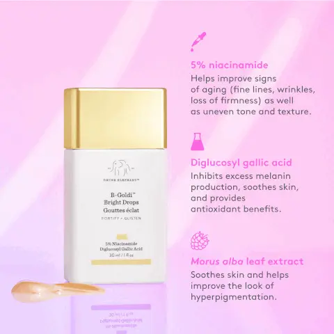 5% niacinamide helps improve signs of aging fine lines, wrinkles, loss of firmness, as well as uneven tone and texture. Diglucosyl gallic acid, inhibits excess melanin production, soothes skin, and provides antioxidant benefits. Morus alba leaf extract, soothes skin and helps improve the look of hyperpigmentation. Before. After. 100% showed improvement in skin-tone evenness and brightness. 97% showed improvement in skin's clarity. 97% showed a reduction in dark spots, hyperpigmentation and fine lines based on a clinical study with 30 people after 8 weeks. glow out on a high note. B-Goldi with 5% niacinamide skin-tone evening + golden luminosity. O-Bloos with omega fatty acids skin barrier support + rosy flush. D-Bronzi with peptides + antioxidants anti-pollution protection + bronzy glow. all that glistens smoothie for balanced, hydrated, luminous skin. 1 Drop virgin marula oil . 1 Drop B-Goldi. 1 pump B-Hydra Mix it all together and apply.