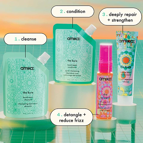 Image 1, 1 = cleanse, 2 = condition, 3 = deeply repair and strengthen, 4 = detangle and reduce frizz. image 2 and 3, before and after, 7 times more repair. compared to control when shampoo and conditioner are used as a system, clinically tested. image 4, 7 times more repair, 3.2 times stronger hair, 69% less breakage, 8 times more conditioned. compared to control when shampoo and conditioner are used as a system, clinically tested. clinically tested after one use of the kure intense bond repair mask.