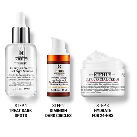 step 1 = treat dark spots. step 2 = diminish ark circle. step 3 = hydrate for 24 hours
