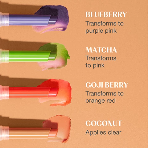 Image 1, blueberry = transforms to purple pink. matcha = transforms to pink. goji berry = transforms to orange red. coconut = applies clear. Image 2, hero ingredient - coconut, softens and smooths skin, alleviates signs of aging. blueberry - enhances skin barrier function, increases skin hydration. match - stimulates natural collagen, repairs damaged aging skin. goji berry = protects from pollutants, improves moisture retention.