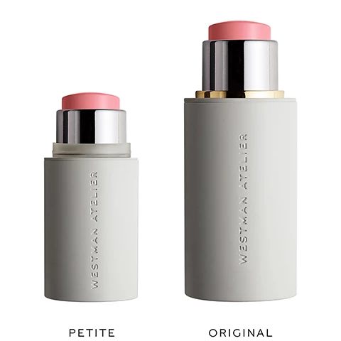 Image 1, petite vs original size. Image 2, swatches on four different skin tones = petal, dou dou, poppet, brunette, chocolate, biochette. Image 3, what's inside? berryflux vita = hydration boosting and youth perserving properties. organic jojoba seed poil = strengthens skin, boosts moisture. vitis bita grape extract = firms, boosts moisture, helps to detoxifty. no parabens,  no pegs, no talc, no phthalates, no synthetic ragrances, no animal testing.