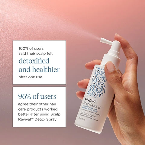 Image 1, 100% of users said their scalp felt detoxified and healthier after one use. 96% of users agree their other hair care products worked better after using scalp revival detox spray. Image 2, triple acid complex = a blend of AHAs, BHAs and PHAs gently exfoliate and blast away excess build up. binchotan charcoal = helps detoxify hair and scalp by absorbing impurities. tea tree oil = reduces flakiness and soothes itchiness while supporting healthy hair growth. Image 3, how to use = before washing spray directly onto the scalp focusing on areas with buildup. massage in to evenly distribute. leave on for up to 15 minutes, rinse out and wash hair. Image 4, scalp care for healthy hair.