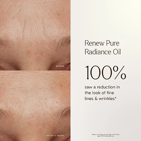 Image 1 - Image shows a comparison of a persons forehead before and after using Renew Pure Radiance Oil, with the top half labeled Before and the bottom half labeled After 4 Weeks; text on the side reads Renew Pure Radiance Oil 100% saw a reduction in the look of fine lines & wrinkles*.
Image 2 - Image shows a close-up comparison of skin texture with the top half labeled before and the bottom half labeled after 4 weeks, accompanied by text stating Renew Pure Radiance Oil and 100% saw more hydrated & luminous skin* on the right side.
Image 3 - A brown glass dropper bottle labeled True Botanicals Pure Radiance Oil is positioned amidst soft green leaves, with visible text stating that 100% of women saw more luminous skin, 100% saw a reduction in the look of fine lines and wrinkles, and 100% saw improved hydration and smaller pores, followed by a note about the clinical study.
Image 4 - An orange background features the text RENEW PURE RADIANCE OIL Our #1 Best Selling Regenerative Face Oil followed by a list of benefits: Diminishes fine lines & wrinkles, Visibly plumps for youthful-looking skin, Rich in ceramides & fatty acids, Brightens dull skin, Clinically proven, Hypoallergenic, Pregnancy safe along with various certification symbols.
Image 5 - A dark brown bottle labeled True Botanicals Pure Radiance Oil is surrounded by slices of kiwi, papaya, and chia seeds, with descriptions of algae extract and astaxanthin, chia and kiwi seed oil, and papaya seed oil highlighting their skin benefits.
Image 6 - Image shows a collection of four skincare products from True Botanicals arranged on a surface, with text stating SHOP OUR Best-Selling Routine and numbered steps for Cleanse & Refresh, Treat & Correct, Nourish & Hydrate, and Moisturize & Strengthen.
Image 7 - Three amber glass bottles of oil are stacked vertically on a white background, with the text Which Oil is Right for You? at the top; the labels describe three types of oils: Renew Pure Radiance Oil - Nourishing oil, addresses signs of aging, normal to dry skin, floral & woody; Clear Pure Radiance Oil - Balancing oil, addresses problem-prone skin, blemish-prone to oily skin, herbal & earthy; Calm Pure Radiance Oil - Soothing oil, calms & soothes irritated skin, sensitive to reactive skin, fresh & earthy.
Image 8 - Image shows a promotional poster for True Botanicals products certified MADE SAFE, highlighting the absence of harmful ingredients such as Sodium Lauryl Sulfate, Phthalates, Parabens, Fillers, Silicones, and Chemical Sunscreens, and lists certifications like Dermatologist Tested and Vegan.