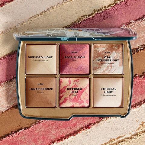 Image 1, diffused light finishing powder. new rose fusion blush. new opal strobe light strobe powder. new lunar bronze bronzer. diffused heat blush. ethereal light finishing powder. image 2, diffuse enhance and glow in a single compact. use individually or layer together. natural flush and radiant glow finish. photoluminescent technology refines skin's appearance. image 3, nonhuman rights project 5% of profits from unlocked support the nonhuman rights project in their efforts to secure fundamental rights for animals.