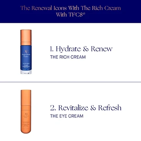 Image 2 - A promotional image for skincare products featuring a blue bottle labeled Augustinus Bader, with text stating 1. Hydrate & Renew THE RICH CREAM, and an orange bottle labeled Augustinus Bader, with text stating 2. Revitalize & Refresh THE EYE CREAM, both against a dark blue background.