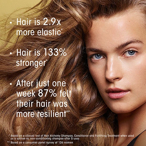 Image 1 - A woman with blonde hair looks towards the viewer with text overlaid on her hair reading Hair is 2.9x more elastic Hair is 133% stronger After just one week 87% felt their hair was more resilient * Based on a clinical test of Hair Alchemy Shampoo, Conditioner and Fortifying Treatment when used as a system vs. non-conditioning shampoo after 5 uses ** Based on a consumer panel survey of 106 women. Image 2 - A wavy creamy substance on a light yellow background with text describing Multi-Action Hyaluronic Acid Complex delivers a surge of moisture to restore elasticity Curative Blend Chia Seed Plant-Based Protein and Bamboo Leaf forms a protective veil while building strength from within. Image 3 - The image shows two sections of Oribe hair products and text, the top section features yellow Oribe Hair Alchemy products with text reading Hair Alchemy Strengthens and Reinforces Fragile Weak Hair Strengthens inherently weak fragile brittle or breakage-prone hair Hydrates and prevents breakage reducing hair fall and encouraging length over time and the bottom section features black and white Oribe Gold Lust products with text reading Gold Lust Repairs and Restores Damaged Hair Repairs existing damage caused by processing heat styling and brushing Rejuvenates hair so it appears more hydrated youthful and healthy. Image 4 - Image shows yellow Oribe Hair Alchemy 1L size shampoo, conditioner, and pouches with strands of dark hair on a rock, with text Hair Alchemy 1L Sizes Hair is 2.9x more elastic and 133% stronger¹.