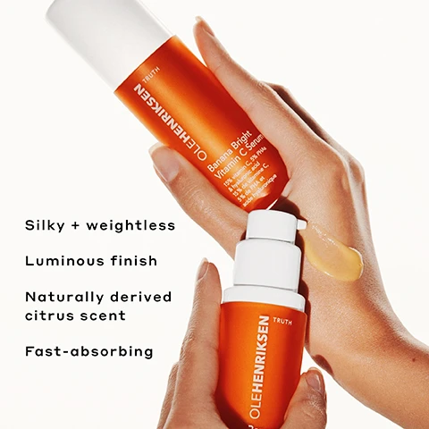 Image 1 - A persons hands hold two orange OLEHENRIKSEN Truth Banana Bright Vitamin C Serum bottles, one dispensing a yellow serum onto a hand, with visible text on the products including OLEHENRIKSEN, TRUTH, Banana Bright Vitamin C Serum, 15% vitamin C, 5% PHA & hyaluronic acid, 15% de vitamine C, 5% de PHA et acide hyaluronique, along with product benefits listed separately as Silky + weightless, Luminous finish, Naturally derived citrus scent, and Fast-absorbing. Image 2 - An orange bottle with a white cap for OLEHENRIKSEN TRUTH Banana Bright Vitamin C Serum, containing 15% vitamin C, 5% PHAs & hyaluronic acid and 15% de vitamine C, 5% de PHA et acide hyaluronique, is shown against an orange background with sunlight patterns, accompanied by text stating Brighter, bouncier skin in 7 days*, Visibly fades dark spots*, Instantly improves the look of fine lines + wrinkles*, Hydrates instantly + all day*, and *In an 8-week clinical study on 34 people. Image 3 - The image displays Key Ingredients on an orange background, with the first section showing orange slices and text Brightens + Defends Against Pollution + Free Radicals with 15% vitamin C, the second section showing yellow oil droplets and text Evens Skin Tone + Texture with 5% PHAs, and the third section showing amber oil droplets and text Plumps Skin’s Surface with hyaluronic acid. Image 4 - The image displays two Ole Henriksen vitamin C serums, Truth Serum in a small orange bottle and Banana Bright Vitamin C Serum in a larger orange bottle, on a peach background with a comparison chart titled GET TO KNOW YOUR VITAMIN C, detailing for Truth Serum: WHAT ITS FOR All day hydration, WHAT IT DOES Hydrates, brightens and firms, WHATS IN IT True-C Complex (stabilized vitamin C derivatives), collagen and aloe juice, and for Banana Bright Vitamin C Serum: WHAT ITS FOR Dark spots + preventative aging, WHAT IT DOES Brightens, visibly reduces dark spots and defends against pollution, WHATS IN IT 15% vitamin C, 5% PHAs, hyaluronic acid and banana powder-inspired pigments. Image 5 - The image displays two sections: a Morning Routine with a yellow sun icon, featuring an orange serum bottle, a purple moisturizer jar, and a small orange eye cream jar; and a Night Routine with a blue crescent moon icon, featuring a blue toner bottle and the same purple moisturizer jar; with visible text that reads MORNING ROUTINE, 01 / BRIGHTEN Vitamin C Serum, OLEHENRIKSEN Truth Bright Vitamin C Serum, 02 / HYDRATE Vitamin C Moisturizer, OLEHENRIKSEN Strength Trainer Peptide Boost Moisturizer, 03 / ILLUMINATE Vitamin C Eye Cream, OLEHENRIKSEN Banana Bright Vitamin C Eye Cream, NIGHT ROUTINE, 01 / RENEW Exfoliating Toner, OLEHENRIKSEN Glow2OH Dark Spot Toner, 02 / STRENGTHEN Peptide Moisturizer, OLEHENRIKSEN Strength Trainer Peptide Boost Moisturizer.