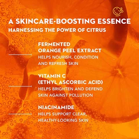 Image 1, a skincare boosting essence harnessing the power of citrus. fermented orange peel extract helps nourish, condition and refresh skin. vitamin c ethyl ascorbic acid helps brighten and defend skin against pollution. niacinamide helps support clear, healthy looking skin. image 2, instantly 2.6 times hydration. skin looks 17% brighter, strengthens your skin barrier. 100% agree it improves application of additional skincare products. defends against pollution and free radicals. in an 8 week clinical study on 37 people. image 3, toner = apply after cleanser and before essence for a targets treatment. exfoliates, visibly reduces dark spots, purifies and controls surface oil, targets fine lines and wrinkles. essence = apply after cleanser and toner to prep skin for serum and moisturiser. delivers an extra boost of hydration and brightness. defends against pollution and free radicals.