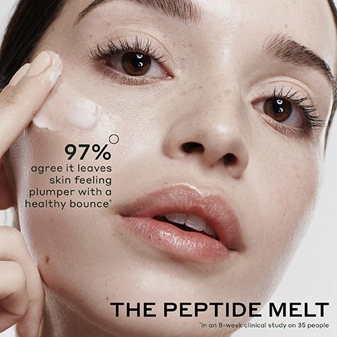Image 1, 97% agree it leaves skin feeling plumper with a healthy bounce. the peptide melt. in an 8 week clinical study on 35 people. image 2, melting balm to gel texture. quickly absorbs into skin. naturally derived light fragrance. image 3, 28% stronger moisture barrier all day long. 97% agree it restores healthy looking skin. instantly doubles skin's hydration. 38% firmer skin in just 4 weeks. in an 8 week clinical study on 35 people. image 4, key ingredients = hydrates and supports elasticity with 8 amino acids. strengthens and conditions skin with 8 peptides. helps skin retain moisture and fortifies the moisture barrier with 3 ceramides. hydrates and firms with vegan collagen. image 5, before and after 4 weeks. image 6, before and after 8 weeks. image 6, The glow cycle, brighten, strengthen, renew, repeat, unlock your best skin. Morning routine. 01/brighten Vitamin C Serum 02/Strengthen Peptide Moisturizer 03/Brighten Vitamin C Eye Cream. Night Routine 01/ Renew Exfoliating Toner 02/Strengthen Peptide Moisturizer. image 7, meet our moisturisers. in the day - banana bright instant glow moisturiser = gold complexed vitamin c and banana powder inspired pigments, brightens and preps skin for makeup. morning and evening - strength trainer peptide boost moisturiser = peptides and ceramides, strengthens and boosts elasticity. in the evening dewtopia 5% AHA firming night creme = AHAs and edelweiss stem cell, retexturises and firms. image 8, strength trainer peptide boost moisturiser = instantly double hydration and firm, strengthen the moisture barrier all day. hydrabarrier nourishing face oil = lock in moisture and maximise your results. boost the moisture barrier after just 1 use. in an 8 week clinical study on 35 people. in an 8 week clinical study on 39 people.