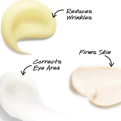 Image 1, reduces wrinkles, firms skin and corrects eye area. Image 2, step 1, reduces wrinkles step 2, smooth and hydrate face step 3, brighten and firm eye area