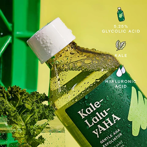 Image 1, 5.25% glycolic acid, kale, hyaluronic acid. image 2, gentle, watery. image 3, how to use. step 1 = cleanser daily. step 2 = exfoliator 2-3 times a week. step 3 = serum daily serum or weekly treatment. step 4 = moisturiser daily. image 4, recyclability. PP 5 cap/gasket = medium recyclability. PER 1 bottle = high recyclability. recycled content = 100% PCR bottle.