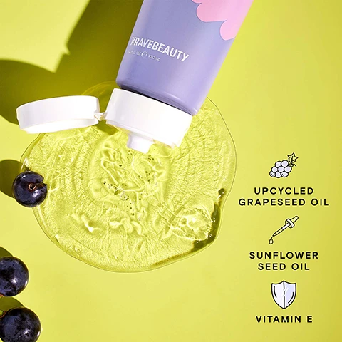 Image 1, upcycled grapseed oil. sunflower seed oil. vitamin e. image 2, jiggly, jelly texture. image 3, how to use. step 1 = cleanser daily. step 2 = exfoliator 2-3 times a week. step 3 = serum daily serum or weekly treatment. step 4 = moisturiser daily. image 4, recyclability. coex tube 7 = low recyclability. PP cap 5 = medium recyclability. recycled content = 76% PCR tube, 100% PCR cap.
