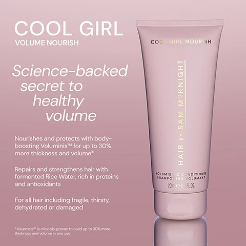 Image 1 - A light pink tube labeled Cool Girl Volume Nourish by Sam McKnight, featuring a description of the products benefits including nourishing hair, boosting volume, and repairing with fermented rice water, with a note that it is suitable for all hair types.
Image 2 - A light pink tube of conditioner titled Cool Girl Volume Nourish by Sam McKnight, featuring five stars and three testimonials from users, including Kathryn R, Valerie M, and Sue B.