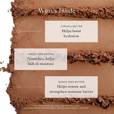 Image 1, what's inside? cupuacu butter - helps boost hydration. cocoa seed butter - nourishes, helps lock in moisture. mango seed butter - helps restore and strengthen moisture barrier. no parabens, no PEGS, no phthalates, no synthetic fragrances, vegan and no animal testing. image 2, powder brush - streak free application. beauty butter powder bronzer - buildable luminous finish. image 3, beauty butter powder bronzer, sun kissed nourishing plant butters, velvety matte finish. coup de soleil, soleil riche, beau soleil. image 4, swatches of coup de soleil, soleil riche, beau soleil on 4 different skin tones.