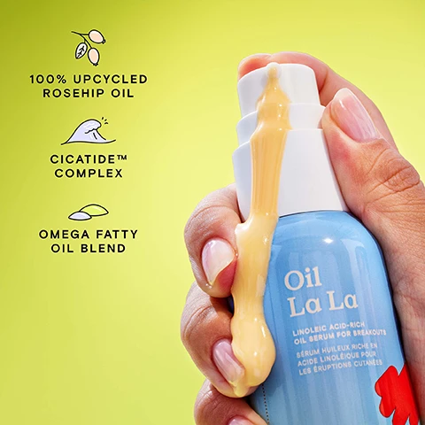 Image 1, 100% upcycled rosehip oil. cicatide complex, omega fatty oil blend. image 2, soothing and balancing. image 3, 81% of users noticed an overall clearer complexion. 76% of users saw a reduction in blemishes. 86% of users said this serum helped soothed and calm their skin. results from a consumer trial on 58 participants over 2 months. individual results may vary. image 5, how to use. step 1 = cleanser daily. step 2 = exfoliator 2-3 times a week. step 3 = serum daily serum or weekly treatment. step 4 = moisturiser daily. image 6, recyclability. PP 5 cap = medium recyclability. mixed material 7 pump = low recyclability. PET 1 bottle = high recyclability. PET 1 shrink wrap label = not recyclable. silicone insert = not recyclable. recycled content = 100% PCR bottle.