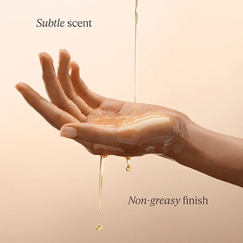 Image 1 - A close-up of a hand holding a small amount of oil, with droplets falling from the palm, against a soft, neutral background; visible text includes the phrases Subtle scent and Non-greasy finish.
Image 2 - A close-up of a persons shoulder being moisturized with a creamy lotion while a hand gently applies the product.
Image 3 - A glass bottle is pouring golden shower oil into a clear, round container labeled SHOWER OIL and HUILE DE DOUCHE with additional text reading Refill your bottle once finished.
Image 4 - The image shows a close-up of two legs with smooth, tan skin against a light beige background, with the text stating 92% said their skin felt supple and hydrated, along with a note about a consumer test on 39 volunteers for one month.