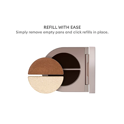 Image 1, refill with ease, simply remove empty pans and click refills in place. image 2, the ingredients. wine extract visibly smooths lids. vitamin c and e powerful antioxidant protection. squalane adds weightless hydration. image 3, the benefits. highly pigmented hues for multi dimensional looks. smoothing formulas create an ideal canvas for creativity. sustainable packaging, refillable, reusable, recyclable.