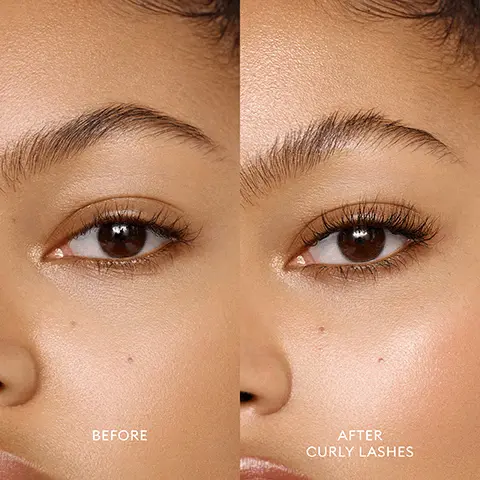 Image 1-3 before and after curly lashes. Image 4, curly, fine and straight lashes. Image 5, CURVED BRUSH INSTANTLY LIFTS AND CURLS LASHES SHORT BRISTLES ENVELOP LASHES IN PIGMENT LONG BRISTLES CREATE A FANNED-OUT FINISH. Image 6, 100% of users see improved lash length, thickness and volume in just 14 days* 100% of users say it immediately lifts and curls lashes, and delivers a rich, intense black* Lasts up to 12 Hours* *Based on consumer use study of 30 people, between the ages of 20-65 years, immediately. 8 hours, 12 hours and 14 days after application. Before After. Image 7, THE INGREDIENTS SQUALANE-INFUSED PIGMENT For glossy, deep-black color PEPTIDES Strengthen and lengthen
ARGAN OIL & GOJI BERRY OIL EXTRACTS Help prevent lash damage. Image 8, THE BENEFITS LENGTHENING & LIFTING With a clean, defined finish SERUM-ENHANCED Conditioning formula strengthens lashes SUSTAINABLE PACKAGING 50% post consumer recycled plastic tube and cap