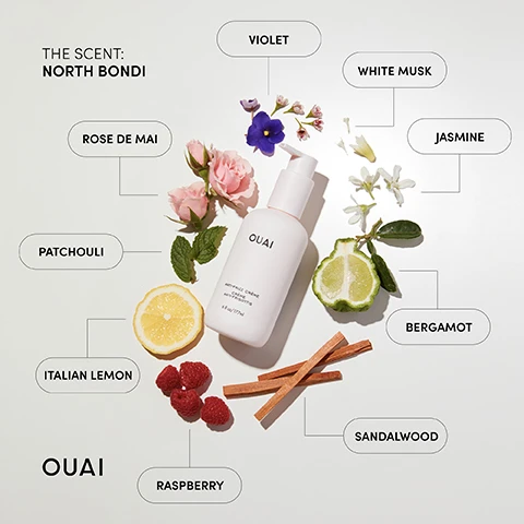 Image 1, the scent = north bondi. violet, white musk, jasmine, bargamot, sandalwood, raspberry, italian lemon, patchouli, rose de mai. image 2, 3 and 4, before and after. image 5, fight frizz your ouai. anti-frizz cream = fights frizz, provides heat protection up to 450F/232C, reduces and repairs split ends, hydrates the hair, north bondi scent, can be used on wet or dry hair. leave in conditioner = fights frizz, provides heat protection up to 450F/232C, hydrates the hair, conditions and detangles, north bondi scent, can be used on wet or dry hair. curl creme = fights frizz, enhances, defines and shapes curls, hydrates the hair, north bondi scent, can be used on wet or dry hair. cruelty free, sustainable packaging, colour safe, keratin safe, sulfate free, paraben free, vegan and gluten free.