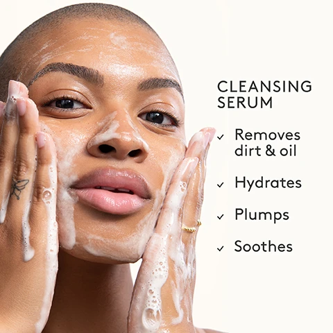 image 1, cleansing serum - removes dirt and oil, hydrates, plumps, soothes. image 2, dissolves pore clogging impurities.