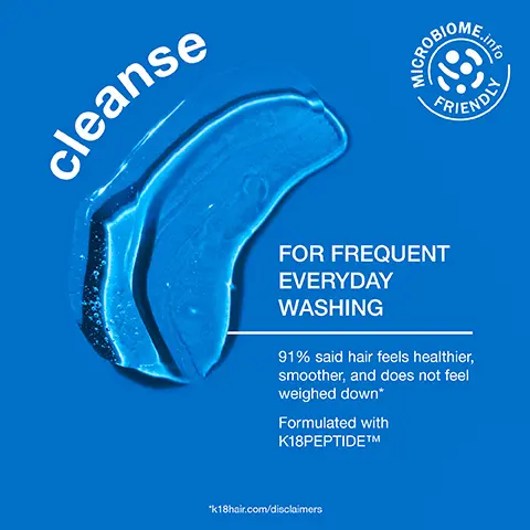 Image 1,cleanse MICROBIOL FOR FREQUENT EVERYDAY WASHING 91% said hair feels healthier, smoother, and does not feel weighed down* Formulated with K18PEPTIDETM *k18hair.com/disclaimers .info FRIENDLY Image 2, new ame! same pH maintenance shampoo formula K18 BIOMIMETIC HAIRSCIENCE 00 DAMAGE SHIELD écran anti-dommages pH protective shampoo shampooing protecteur de pH 250 ml/8.5 fl oz liq Image 3, protect against dullness, frizz + tangling hair cuticle without pH shampoo hair cuticle with pH shampoo optimized pH reduces excess FRIENDS swelling of hair cuticle prevents damage during washing