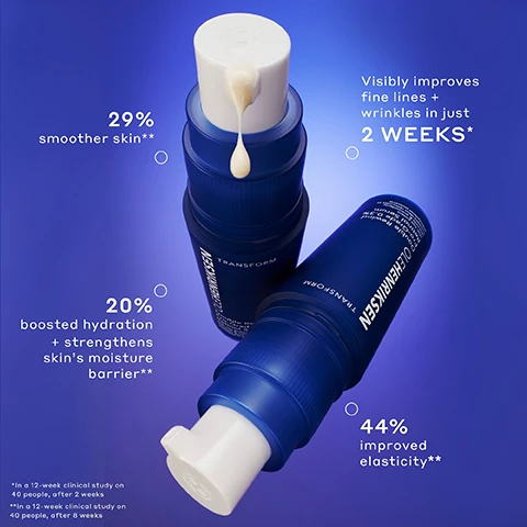 Image 1 - Two blue skincare bottles with white pumps are displayed on a dark blue background, one upright with a drop of product, the other lying diagonally, featuring text that reads: 29% smoother skin**, Visibly improves fine lines + wrinkles in just 2 WEEKS*, 20% boosted hydration + strengthens skins moisture barrier**, 44% improved elasticity**, OLEHENRIKSEN Transform Double Rewind 0.7% Bakuchiol Serum, TRANSFORM, *In a 12-week clinical study on 40 people, after 2 weeks, **In a 12-week clinical study on 40 people, after 8 weeks. Image 2 - The image shows a light yellow, swirled cream or gel against a blue background, with text that says LIGHTWEIGHT, NON-STICKY TEXTURE FAST-ABSORBING DEWY FINISH NATURALLY DERIVED LEMON SUGAR SCENT. Image 3 - A dark blue bottle of Ole Henriksen Double Rewind Pro-Grade 0.3% Retinol Serum with a white pump is surrounded by clear and blue beads, beside a light blue box with text: AT NIGHT, USE 1-2 X A WEEK Apply 1-2 pumps to clean, dry skin. Follow with Strength Trainer Peptide Moisturizer. Gradually increase usage to every other night, as tolerated. Always follow with SPF during the day to maximize results and minimize sun sensitivity. PRO TIPS The purging period is a part of the process - stick with it to see results! Do not use vitamin C or other exfoliants in the same application as retinol. Image 4 - The image shows a list of key ingredients and their benefits, each with a corresponding circular visual icon – bubbles, an aloe leaf, and red berries – on a dark blue background, stating KEY INGREDIENTS. Fights wrinkles + smooths skin with double retinoids (pure 0.3% encapsulated retinol + pro-vitamin A). Hydrates + nourishes with 20% aloe juice. Soothes + calms with a nourishing Scandinavian Botanical Complex (rowanberry extract + birch sap). Image 5 - A close-up split image shows a persons eye and surrounding skin, with the top portion displaying more visible fine lines and the bottom portion showing visibly smoother skin, with the text BEFORE on the top and AFTER 12 WEEKS on the bottom. Image 6 - The image shows a skincare routine graphic with the title The Glow Cycle: Brighten. Strengthen. Renew. Repeat. Unlock Your Best Skin, illustrating a Morning Routine with a yellow sun icon followed by three products: 01/ BRIGHTEN Vitamin C Serum (Ole Henriksen Banana Bright Vitamin C Serum), 02/ STRENGTHEN Peptide Moisturizer (Ole Henriksen Strength Trainer Peptide Boost Moisturizer), and 03/ ILLUMINATE Vitamin C Eye Cream (Ole Henriksen Banana Bright Eye Crème), and a Night Routine with a blue crescent moon icon followed by two products: 01/ RENEW Retinol Serum (1-2x a week) (Ole Henriksen Double Rewind 0.3% Retinol Serum) and 02/ STRENGTHEN Peptide Moisturizer (Ole Henriksen Strength Trainer Peptide Boost Moisturizer). Image 7 - A table titled OLES SERUM GUIDE presents four Ole Henriksen serums with their bottles and descriptions: under a sun icon for day use, Truth Serum Hydrates + brightens, and Banana Bright 15% Vitamin C Serum Brightens + visibly fades dark spots; under a moon icon for night use, Dewtopia 20% Acid Night Treatment Firms + smoothes, and Double Rewind Pro-Grade 0.3% Retinol Serum Targets fine lines and wrinkles + boosts skins moisture barrier. Image 8 - A before and after comparison showing a persons forehead, with the top image displaying more prominent fine lines and the bottom image showing a reduction in fine lines. Visible text: BEFORE, AFTER 12 WEEKS.