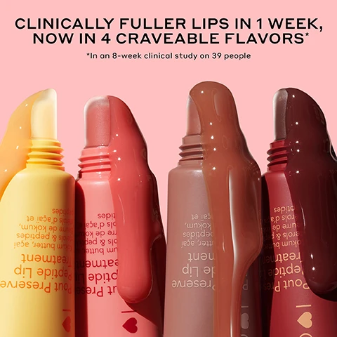 Image 2 - Four lip treatment tubes in yellow, light pink, warm taupe, and deep berry red, each with a matching glossy product spilling from the top, are arranged against a soft pink background, with the text CLINICALLY FULLER LIPS IN 1 WEEK, NOW IN 4 CRAVEABLE FLAVORS* *In an 8-week clinical study on 39 people. Image 3 - The image shows a grid of three different models lips, comparing their appearance before and immediately after applying a lip treatment, with the natural lips on the left and plump, hydrated, glossy lips with a brownish-pink tint on the right, accompanied by the text Pout Preserve Lip Treatment Cocoa Crème, Before, and Immediately After. Image 4 - A dark red lip treatment tube, labeled I heart OLEHE Pout Preserve Peptide Lip Treatment and further detailing Kokum butter, açaí sterols & peptides Beurre de kokum, stérols daçaï et peptides, stands upright with its frosted applicator tip visible, surrounded by glossy dark chocolate drizzles and chocolate bar segments, with white overlay text promoting INSTANTLY hydrates + improves elasticity*, Clinically fuller-looking lips in 1 WEEK*, INSTANTLY reduces the look of lip lines*, and *In an 8-week clinical study on 39 people. Image 5 - A promotional image on a pink background features a glossy, dark red liquid swatch, surrounded by four circular insets illustrating ingredients: pink liquid bubbles for LIP-SPECIFIC PEPTIDES Help make lips look more defined + fuller; dark berries for ACAI STEROLS Help strengthen skin barrier + boost hydration; sliced yellow mango for KOKUM + MANGO SEED BUTTER Soothe, nourish + condition lips; and red and orange cloudberries for SCANDINAVIAN CLOUDBERRY OIL Packed with antioxidants + moisture; helps soften lips, all under the main heading LIP-PLUMPING HYDRATION. Image 6 - Three glossy cosmetic swatches in beige, pink, and nude tones are displayed on a pink background with text reading: SHEER GLOSSY FINISH, INDULGENT FLAVORS, LONG-LASTING HYDRATION. Image 7 - The image displays four cosmetic tints with descriptions: top left is an orange swatch with text ORIGINAL CITRUS SUNSHINE Sheer tint Fresh citrus scent, top right is a mauve pink swatch with text BESTSELLER STRAWBERRY SORBET Mauve pink tint Freshly picked strawberry scent, bottom left is a beige-nude swatch with text NEW CRÈME BRÛLÉE Beige-nude tint Vanilla brown sugar scent, and bottom right is a deep chocolate brown swatch with text TIKTOK FAVORITE COCOA CRÈME Chocolate brown tint Rich hot chocolate scent.