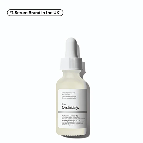 Image 1 - A clear glass dropper bottle of hyaluronic acid serum labeled The Ordinary with visible text stating Clinical Formulations with Integrity, Hyaluronic Acid 2% + B5, and *1 Serum Brand in the UK.
Image 2 - A clear glass tube filled with liquid shows bubbles inside, with text that reads Instant Results for: Plumping Hydration and Smoother-Feeling Skin.
Image 3 - Two side-by-side close-up images of a forehead showing skin texture before and after using a skincare product, with visible text labeling Before at the top and After at the bottom; an oval circle highlights a wrinkle in both images, and additional text states Testing on 34 panellists using the product 2x/day.
Image 4 - A close-up of a person applying skincare to their cheek, showcasing a healthy, hydrated complexion, with the words Hydrating, Smoothing, and Plumping displayed on the left side.
Image 5 - Image showing a dropper with a clear serum and a small amount of serum on a flat surface, accompanied by text describing key ingredients in Hyaluronic Acid 2% + B5 (with Ceramides): 5 Forms of Hyaluronic Acid, Provides hydration to multiple layers of the skin, Ceramides, Supports the skin barrier, Pro-vitamin B5, Helps keep moisture locked in.
Image 6 - A black and white illustration featuring a dropper bottle labeled Hyaluronic Acid 2% + B5 from The Ordinary, with icons and text describing various hacks for using the product on lips, hands, body, and face for hydration, alongside other products like a lotion and tube, with the tagline Think outside the bottle at the top.
Image 7 - Image shows three skincare products by The Ordinary: a tube of Squalane Cleanser with text stating Cleanses skin and removes makeup, a dropper bottle of Hyaluronic Acid 2% + B5 with text Hydrate and plump the skin, and a tube of Natural Moisturizing Factors + HA with text Supports the skin barrier, along with the header Build Your Regimen.
Image 8 - Image shows two glass dropper bottles of skincare serum displayed on a light background, with text indicating the sizes as 30 mL, standard and suitable for travel, and 60 mL, bigger and value size, along with the product name The Ordinary and details about the formulation.