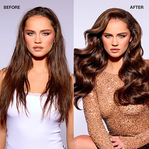 Image 3 - Image shows a side-by-side comparison of a woman labeled Before on the left with long, straight hair wearing a white tank top, and After on the right with voluminous, styled hair wearing a sparkling, sheer long-sleeve dress.
Image 4 - A turquoise bottle labeled COLOR WOW MONEY MIST is surrounded by water droplets on a vibrant blue surface, featuring icons with the text: Super-silky, Supple texture, Strengthens to the core, Breakthru Amino Acid + Protein + Peptide Complex, Heat + UV Protectant, Elasticity + Bounce, and Detangles + Defrizzes.
Image 6 - Image of smooth, light brown hair with text stating 69% less breakage* and 81% less frizz* with a note that average results are based on independent testing.
Image 7 - A turquoise bottle of Color Wow Money Mist, labeled as a luxe, light, leave-in conditioner for glossy, expensive-looking hair, with visible text reading TRAVEL SIZE and 50 ml e 1.6 fl oz.