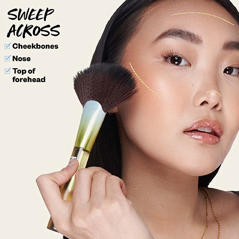 Image 1, sweep across cheekbones, nose, top of forehead. image 2, use it with the kosas contour fan brush to sculpt and bronze like a dream. image 3, cloud sets sunny sister. the sun show bronzer, warmth and definition with the prettiest subtle sheen. plus cloud setting powder smooths and sweeps away shine - not glow.