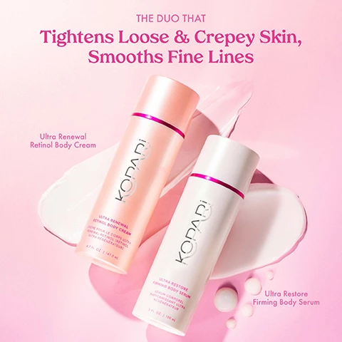 Image 1, the duo that tightens loose and crepey skin, smooths fine lines. ultra renewal retinol body cream. ultra restore firming body serum. image 2, encapsulated retinol delivers results. 98% said that product renewed dull skin. 97% saw a noticeable improvement in skin elasticity. 85% said skin appears visibly tighter and firmer. image 3, where to use, neck and chest, back and stomach, arms and elbows, legs and knees. image 4, firms crepey skin before and after 30 days. image 5, treats fine lines before and after 30 days. image 6, improves tech neck before and after. image 7, smooths wrinkles and loose skin before and after 30 days. image 8, targets stretch marks before and after 30 days. image 9, repairs sun spots before and after 30 days