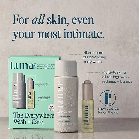 image 1, for all skin, even your most intimate. microbiome ph balancing body wash, multi tasking oil for ingrowns redness and bumps. travel size for on the go. image 3, the everywhere wash and care. step 1 = ph balanced body wash travel sized. step 2 = reduce ingrowns and bumps for smooth, soft skin. image 4, after 2 weeks, 92% dry skin visibly improved, 85% reduced irritation caused by hair removal, 83% reduces redness, 81% reduced appearance of bumps. clinical user trial, 102 women of all ages, stages and skin types. image 5, after 48 hours, the oil.