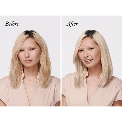 Image 1 - A split image shows a woman with wavy blonde hair on the left and smooth straight blonde hair on the right with the text Before After. Image 2 - A swirl of purple liquid on a pink background with text Pure Violet Pigment instantly removes brassiness and yellow tones, now with 13x more pigments* Brightening Complex (Lemon, Ginger Root and Chamomile Extracts) optimizes shade and tonality Restorative Protein & Lavender Extract imparts softness, elasticity and shine to brittle hair *than previous formula. Image 3 - A pink Oribe Bright Blonde Radiance & Repair Treatment bottle is shown with a swipe of purple liquid and text statistics: 91% said treatment removed unwanted brassiness 86% said hair looks brighter and more vibrant 85% said hair looks visibly healthier 80% said hair feels less brittle and looks less damaged Based on a consumer panel survey of 104 women after two uses ORIBE Bright Blonde Radiance & Repair Treatment soin éclat réparateur 125ml 4.2fl.oz. Image 4 - Comparison image of blonde hair before and after treatment, labeled Before and After. Image 5 - Side-by-side comparison of blonde hair before and after treatment showing text Before After. Image 6 - Side-by-side comparison image shows dull blonde hair on the left labeled Before and brighter wavy blonde hair on the right labeled After. Image 7 - Before and after comparison of blonde hair with text Before and After. Image 8 - A side-by-side comparison of the back of a head with short blonde hair, labeled Before and After. Image 9 - Side-by-side comparison of hair before and after treatment showing lighter results, labeled Before and After.