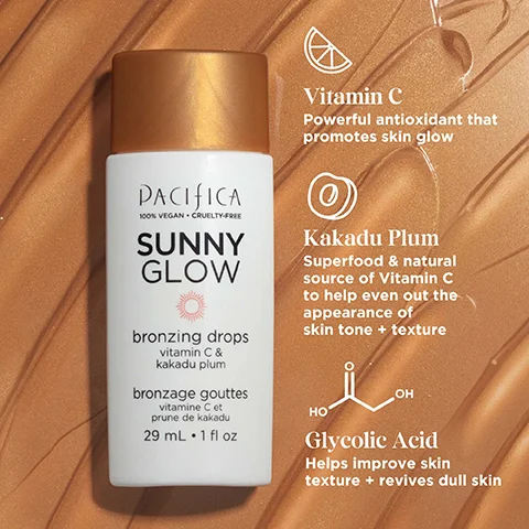 Image 1, vitamin c = powerful antioxidant that promotes skin glow. kakadu plum = superfood and natural source of vitamin c to help even out the appearance of skin tone and texture. glycolic acid - helps improve skin texture and revives dull skin. image 2, why we love it. instantly bronzes and illuminates, brightens and smooths, sheer buildable finish for all skin tones, luxury formula, affordable price. image 3, before sunny and after sunny. instantly illuminate skin for and endless summer glow.