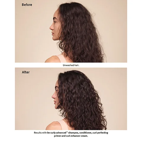Before Unwashed hair. After Results with be curly advanced" shampoo, conditioner, curl perfecting primer and curl enhancer cream.