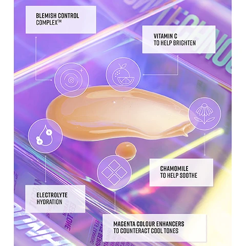 Image 1, blemish control complex. vitamin c to help brighten. chamomile to help soothe. electrolyte - hydration. emerald colour enhancers to counteract orange tones. image 2, 97% of participants agreed the product felt soothing on the skin. 91% of participants agreed the product reduced appearance of uneven skin. 97% of participants agreed the product enhanced their natural skin tone. 2023-2024 consumer study - self assessment of 32 female and male volunteers, between 18-45, that tested the product for 5 days.