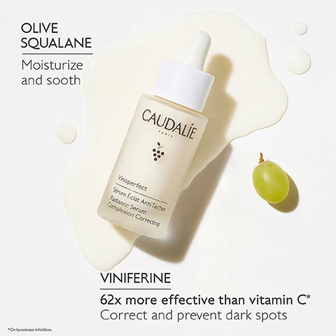 Image 1, olive squalane moisture and sooth. viniferine - 62 times more effective than vitamin c, correct and prevent dark spots. on tyrosinase inhibition. image 2, before and after 56 days. -63% colour intensity of dark spots. unretouched results after using vinoperfect serum 2 times a day for 2 months. image 3, olive squalane - moisturises and soothes. niacinamide - smooths and evens skin tone. viniferine - 62 time more effective than vitamin c, corrects and prevents dark spots. image 4, before and after 56 days. 95% of women found their skin instantly more radiant. unretouched results after using vinoperfect day cream daily for 2 months.