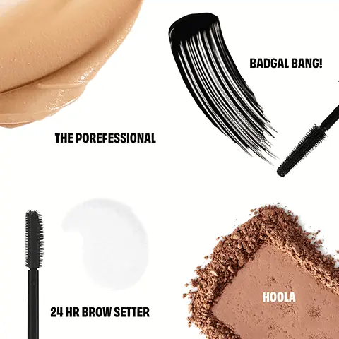 Image 1, THE POREFESSIONAL BADGAL BANG! HOOLA 24 HR BROW SETTER Image 2, BEFORE WOW! THE POREFESSIONAL Image 3, VOLUMIZES DIFFERENT LASH TYPES thin fine short curly Image 4, BEFORE LOOKIN' LIFTED MODEL IS WEARING PRECISELY, MY BROW PENCIL AND 24 HR BROW SETTER