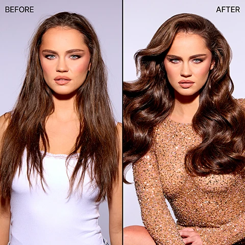 Image 1 - A split image shows a woman before and after a hair styling treatment, with the text BEFORE above the left image showing her with straight hair and a white tank top, and AFTER above the right image showing her with wavy styled hair and a sparkly gold dress.
Image 2 - A turquoise spray bottle of COLOR WOW MONEY MIST hair product is shown with text and icons around it describing benefits Super-silky Supple texture, Strengthens to the core, Breakthrough Amino Acid Protein Peptide Complex, Heat UV Protectant, Elasticity Bounce, and Detangles Defrizzes.
Image 3 - Close up of brown hair with text 69% less breakage*, 81% less frizz*, *average results based on independent testing.