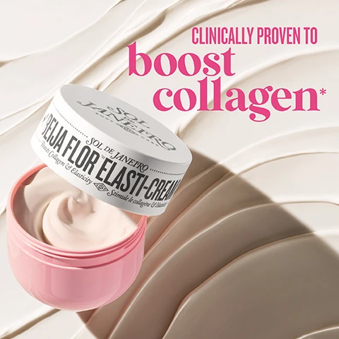 Image 2 - An open pink jar of Sol de Janeiro Beija Flor Elasti-Cream with its white lid floating above, revealing the light pink cream inside, is displayed on a textured background of cream swirls, with text that reads Clinically Proven To Boost Collagen*, Sol de Janeiro Body Care, Beija Flor Elasti-Cream, Boosts Collagen & Elasticity, Stimule le collagène & lélasticité. Image 3 - A flat lay composition on a light background features a swirl of white cream, surrounded by skincare ingredients and their benefits: cacay nuts, seeds, and oil drops labeled CACAY OIL retinol alternative that supports cell renewal; a spoon with white powder and spilled powder labeled VEGAN COLLAGEN visibly plumps skin; and green plant leaves with clear liquid drops labeled PLANT SQUALANE deeply hydrates. Image 4 - A stack of four Sol de Janeiro body cream jars with white lids and colored bases (pink, light pink, orange, purple), aligned vertically, with product benefits listed on the left side of the image and connected to each jar by dotted lines: nourish SKIN WITH BENEFIT-PACKED BODY CREAM visibly brightens SOL DE JANEIRO BOM DIA BRIGHT CREAM Visibly Brightens, Smooths Roughness Illumine visiblement, lisse la peau boosts collagen* *Based on a nine-day clinical ex vivo study vs. control. SOL DE JANEIRO BEIJA FLOR ELASTI-CREAM Boosts Collagen & Elasticity Stimule le collagène & lélasticité visibly tightens SOL DE JANEIRO BRAZILIAN BUM BUM CREAM Visibly Firms & Tightens, Fast Absorbing Raffermit visiblement, pénètre rapidement replenishes skins barrier SOL DE JANEIRO DELICIA DRENCH BODY BUTTER Relieves dry skin, repairs moisture barrier Apaise les peaux sèches, répare la barrière dhydratation.