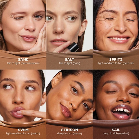 Sand, fair to light neutral. Salt, fair to light cool. Spritz, light-medium to tan warm. Swim, light-medium to tan neutral. Stinson, deep to rich warm. Sail, deep to rich neutral. Sand, Salt, Spritz, Swim, Stinson, Sail. Effortless Bronze. Soft-focus, buildable bronze. Buildable and blendable. Easy, targeted application. Vegan, fragrance free, safe for sensitive skin, dermatologist tested. Dew bronze plus the base brush equals BFF's for naturally-defined, targeted bronze. targeted applicator. Blend for a soft-focus finish. Supercharged ingredient stack powered by Saie Science. Smoothing and blurring Silica. Hydrating plant derived Glycerin. Brightening licorice root extract. Our iconic dew blush formula now in a bronzer, dew bronze, dew blush. before and glowing - 100% unretouched