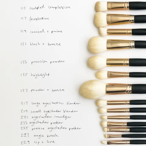 Image 1, 115 = sculpted complexion. 117 = foundation. 119 = conceal and prime. 121 = blush and bronze. 123 = precision powder. 125 = highlight. 127 = powder and bronze. 217 = large eyeshadow blender. 219 = small eyeshadow blender. 221 = eyeshadow smudger. 223 = eyeshadow packer. 225 = precise eyeshadow packer. 227 = angle brush. 229 = lip and line